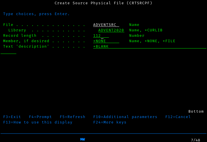 CRTSRCPF with parameters given